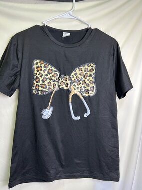 Black Graphic Tee with Leopard Bow and Stethoscope